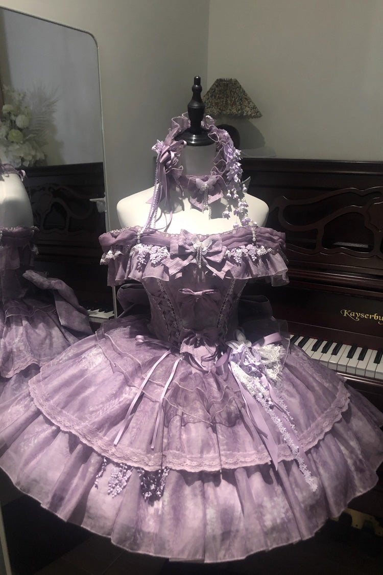 Purple [Wisteria Wonderland] Double-Layered Bow Lace-Up Sweet Elegant Princess Ballet Lolita Jsk Dress - Product - 6