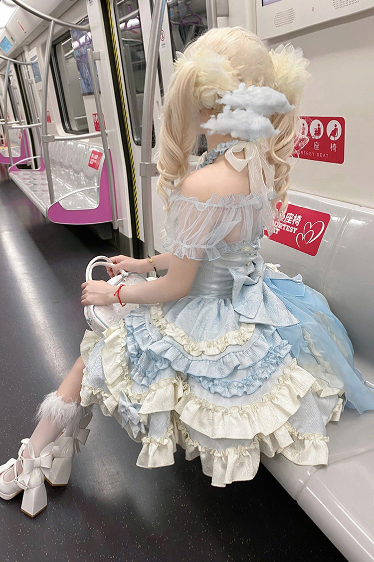 Blue [Heart of Butterfly] Halterneck Sleeveless Multi-Layered Ruffle Embroidery Princess Ballet Lolita Jsk Dress Set - Product - 12