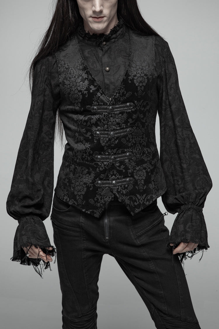 Black Retro Jacquard Front Woven Strap Metal Button Men's Gothic Vest - Black - 1
