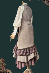 Coffee Brown [The Traveler] Sleeveless Ruffled Irregular Asymmetric Punk Lolita Skirt Set - Product - 2
