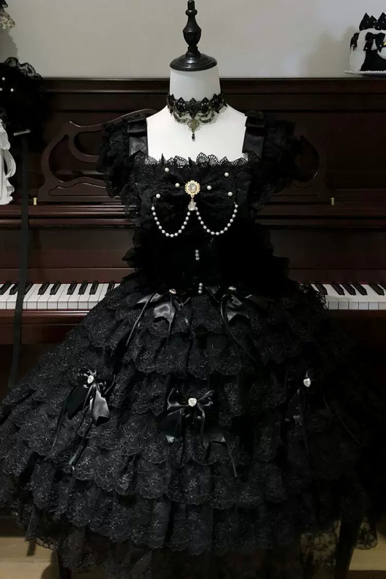 Black [Featherlight Slumber] Square Collar Sleeveless Multi-Layered Bow Lace Pearl-Decorated Gothic Lolita Jsk Dress - Product - 3