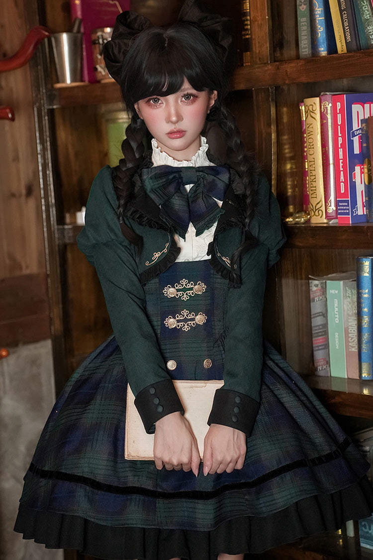 Blue/Green [Berlin's letter] Double-Layered Plaid Print Ruffle Bowknot Classic College Style Lolita Strap Dress Set 2 Versions - Product - 13