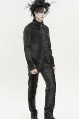 Black Stand Collar Long Sleeves Jacquard Embroidered Bow Lace Men's Gothic Palace Shirt - Product - 9