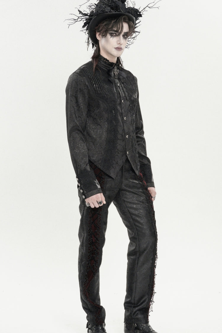 Black Stand Collar Long Sleeves Jacquard Embroidered Bow Lace Men's Gothic Palace Shirt - Product - 9