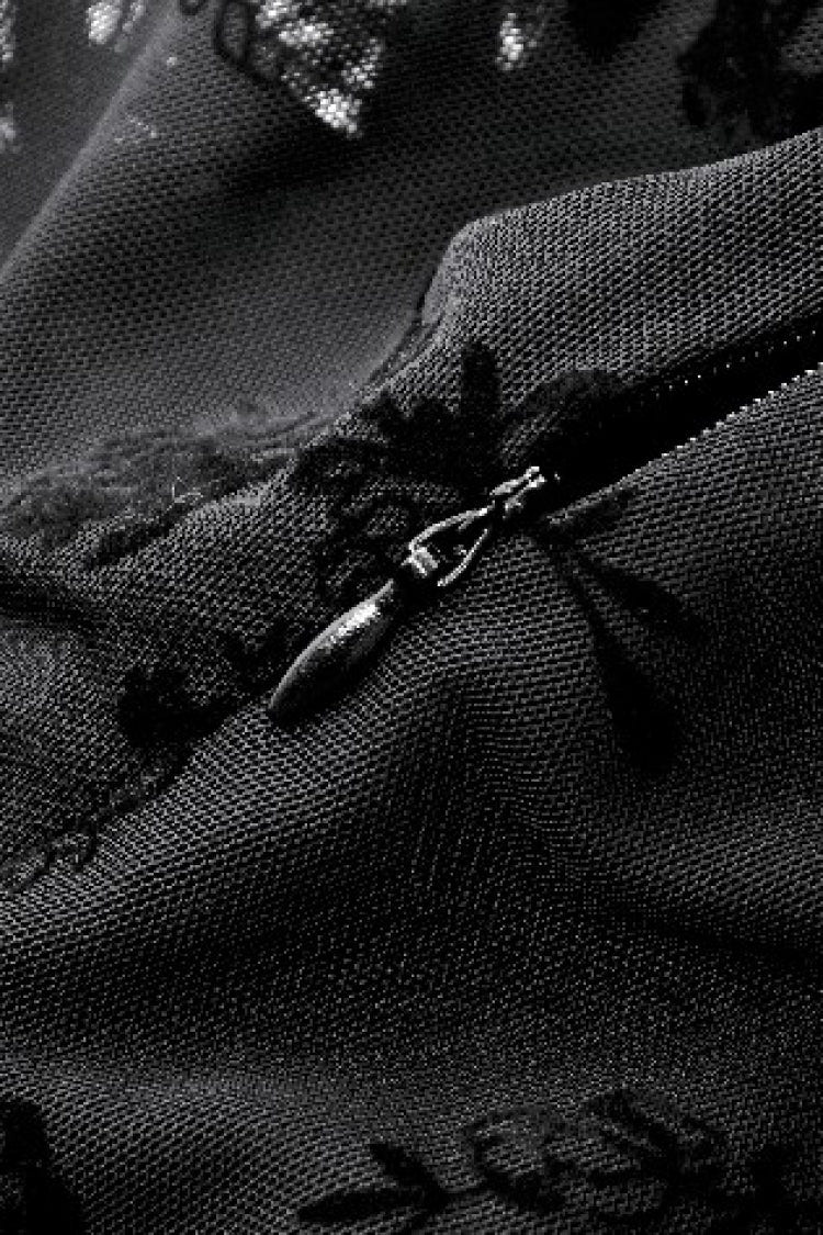 Black Square Collar Long Trumpet Sleeves Mesh Embroidered Lace Lace-Up Women's Gothic Dress - Product - 20
