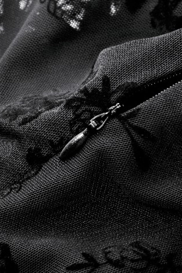 Black Square Collar Long Trumpet Sleeves Mesh Embroidered Lace Lace-Up Women's Gothic Dress - Product - 20