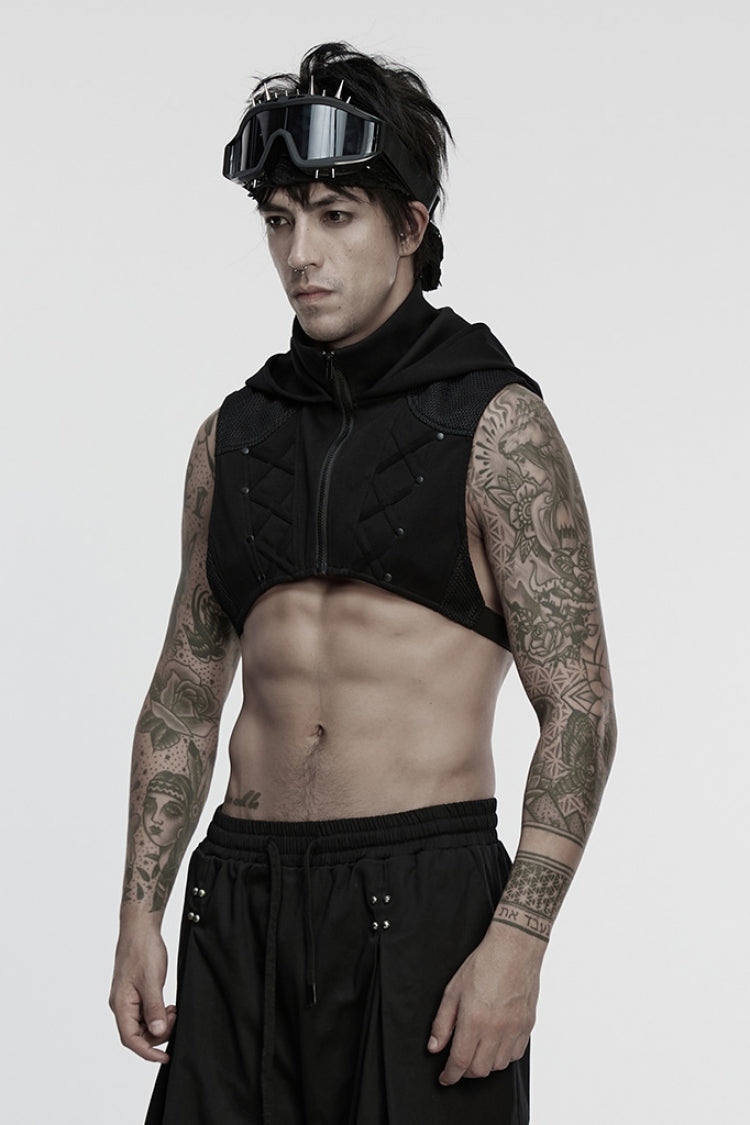 Black Stand Collar Sleeveless Hooded Zipper Men's Punk Vest - Product - 2