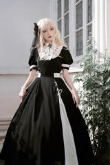Black/White Short Sleeves Color-blocked with Detachable Embroidered Faux Collar Gothic Lolita Dress - Product - 4