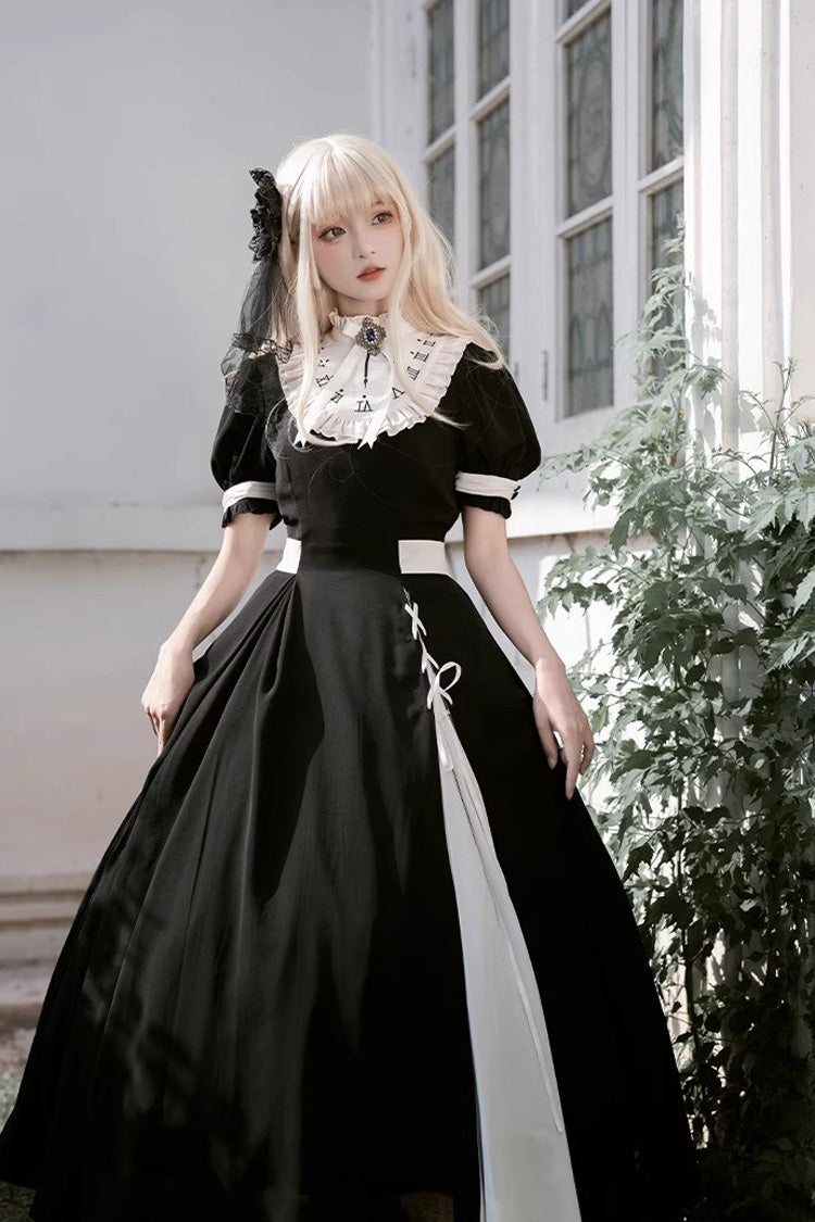 Black/White Short Sleeves Color-blocked with Detachable Embroidered Faux Collar Gothic Lolita Dress - Product - 4