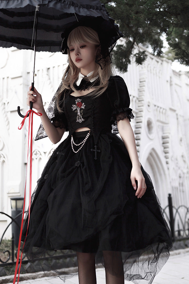 Black Rose Embroidered Cutout Top Irregular Short Sleeves Gothic Lolita Dress Set - Product - 2