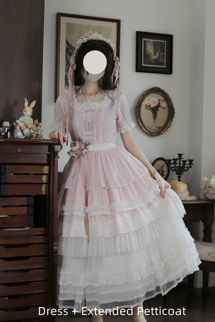 Pink [Vintage Ball 3.0] Square Collar Short Sleeves Lace Pearl Detail Sweet Lolita Dress - Product - 5