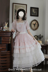 Pink [Vintage Ball 3.0] Square Collar Short Sleeves Lace Pearl Detail Sweet Lolita Dress - Product - 5