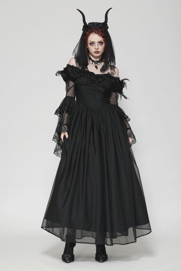 Black Off Shoulder Boat Neck Multi-Layered Long Trumpet Sleeves Lace Spliced Tulle Lace-Up Women's Gothic Fantasy Dress - Product - 6