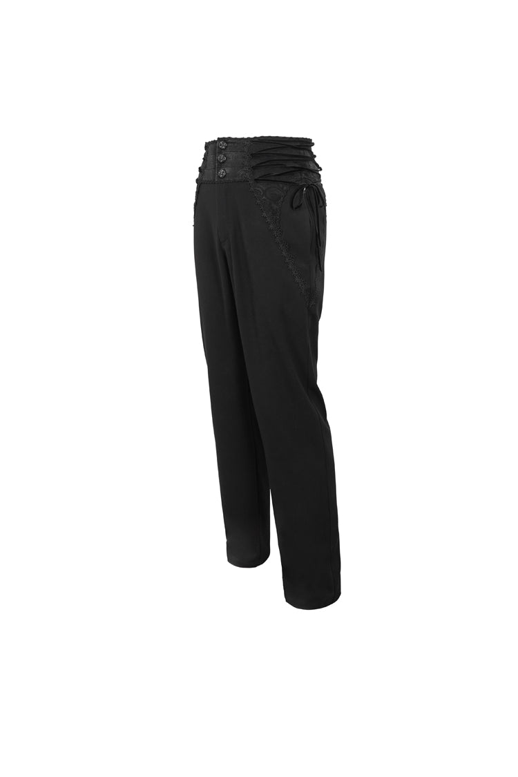 Black Lace Trim Embellished High Waisted Men's Gothic Pants - Product - 6