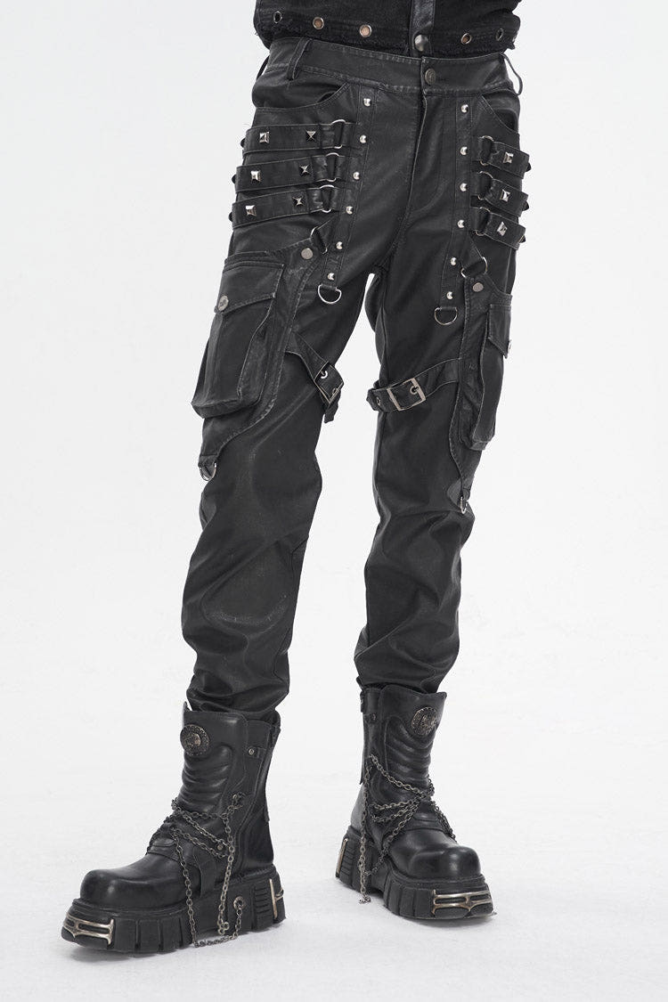 Black Big Pocket Faux Leather Men's Gothic Pants - Black - 1