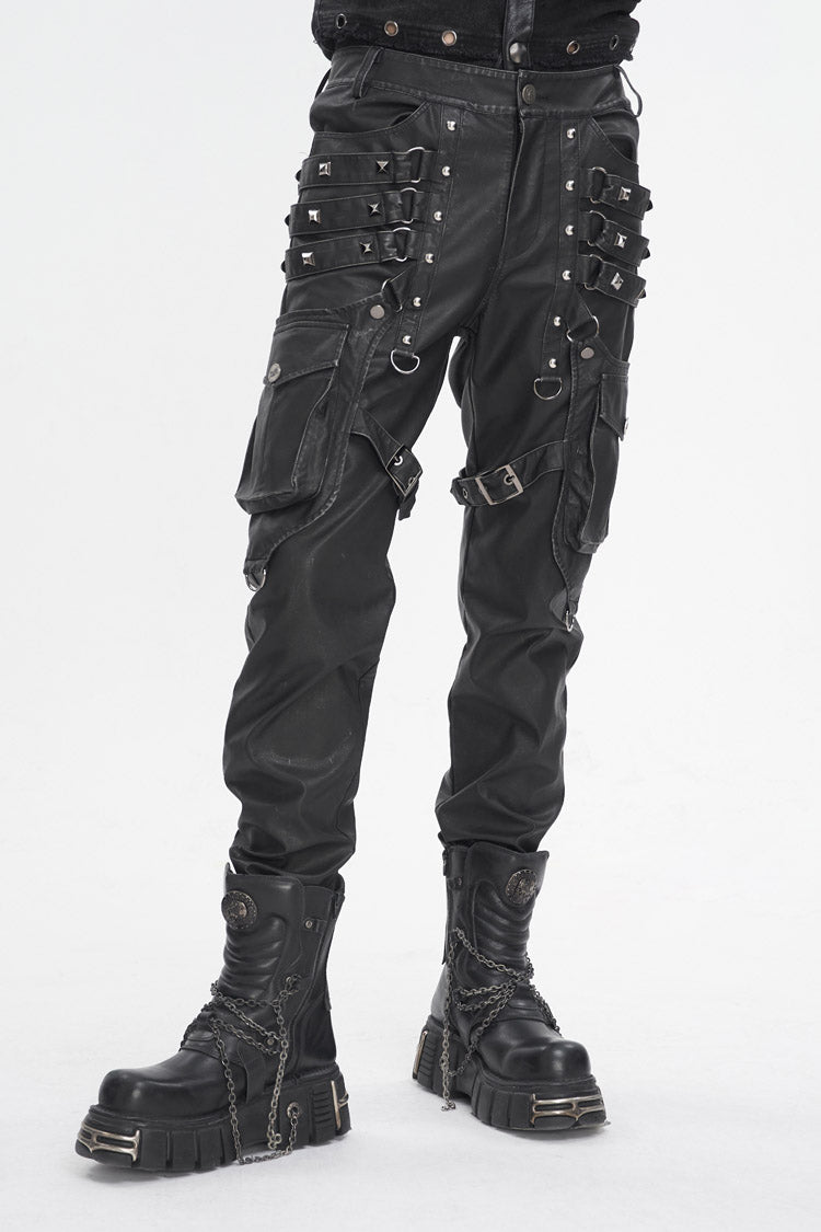 Black Big Pocket Faux Leather Men's Gothic Pants - Black - 1
