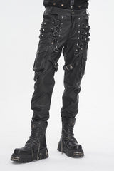 Black Big Pocket Faux Leather Men's Gothic Pants - Black - 1