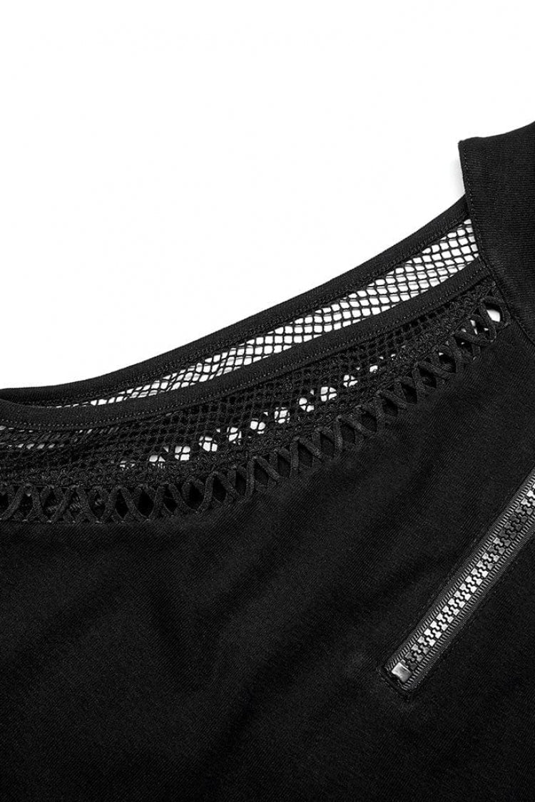 Black Off Shoulder Hollow Stitching Slim Mesh Womens Steampunk Vest - Product - 5