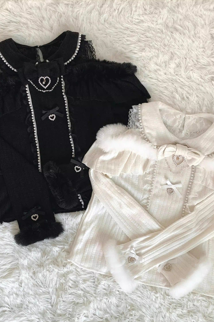 Jirai Kei Off Shoulder Long Sleeves Bow Lace Pearl-Decorated Sweet Knitwear 2 Colors - Product - 3