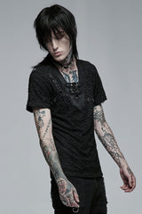 Black Short Sleeves Buckle Stitching Mesh Men's Steampunk T-Shirt - Product - 2