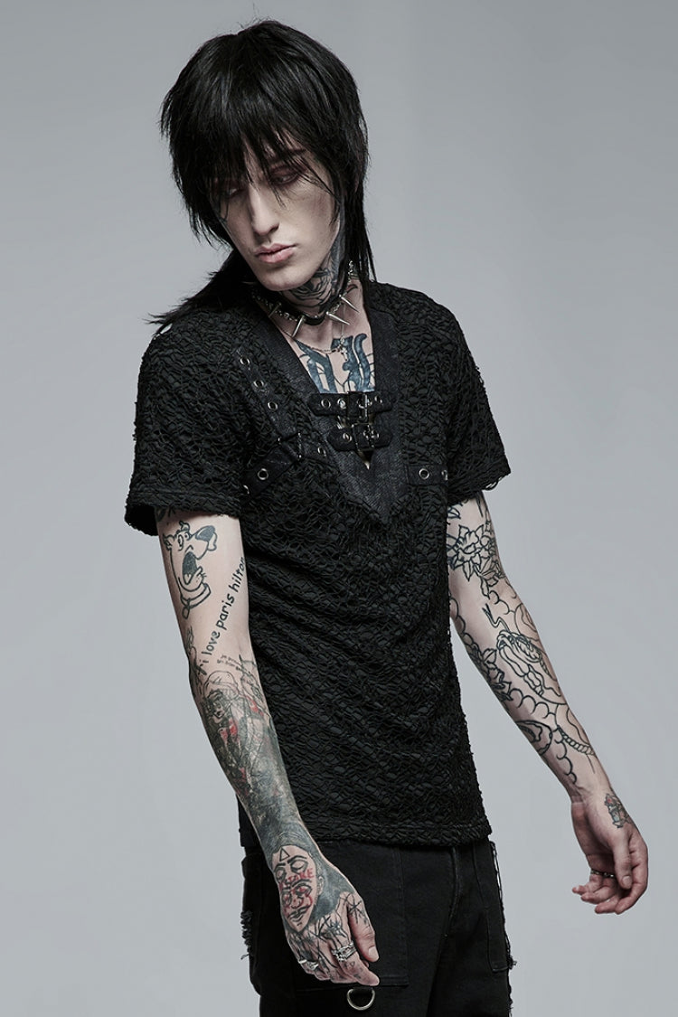 Black Short Sleeves Buckle Stitching Mesh Men's Steampunk T-Shirt - Product - 2
