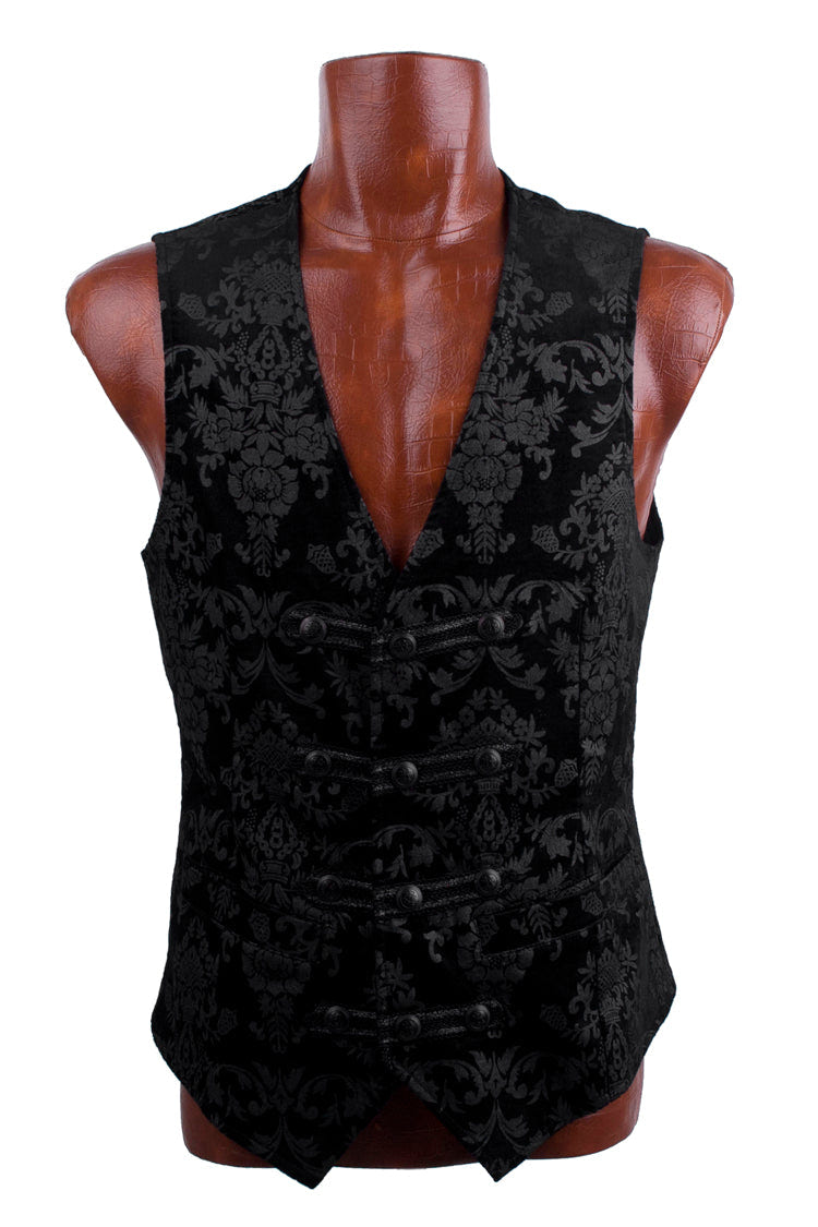 Black Retro Jacquard Front Woven Strap Metal Button Men's Gothic Vest - Product - 8