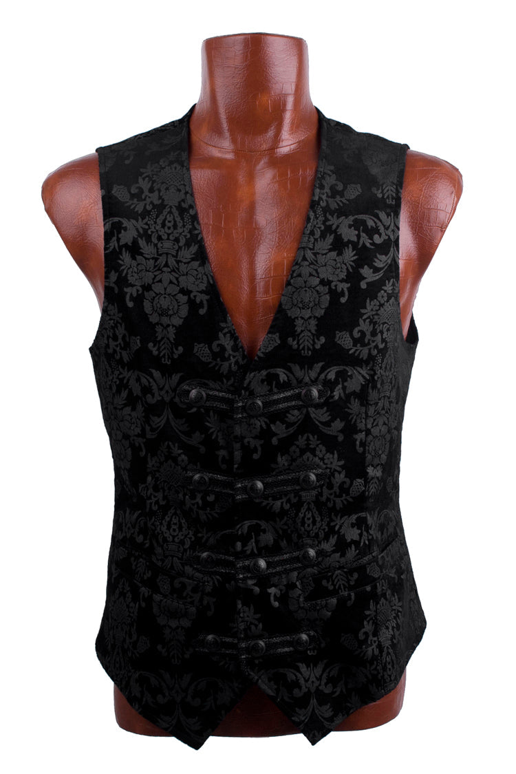 Black Retro Jacquard Front Woven Strap Metal Button Men's Gothic Vest - Product - 8