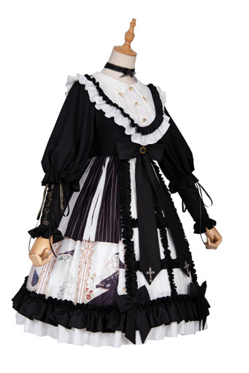 Black Doll Collar Long Sleeves Ruffled Anthem Print Gothic Lolita OP Dress - Product - 6