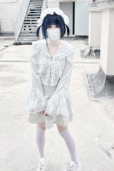 Grey [Heartbeat Rhythm] Long Sleeves Ruffle Lace Hooded Jirai Kei Japanese Skirt Set - Product - 2