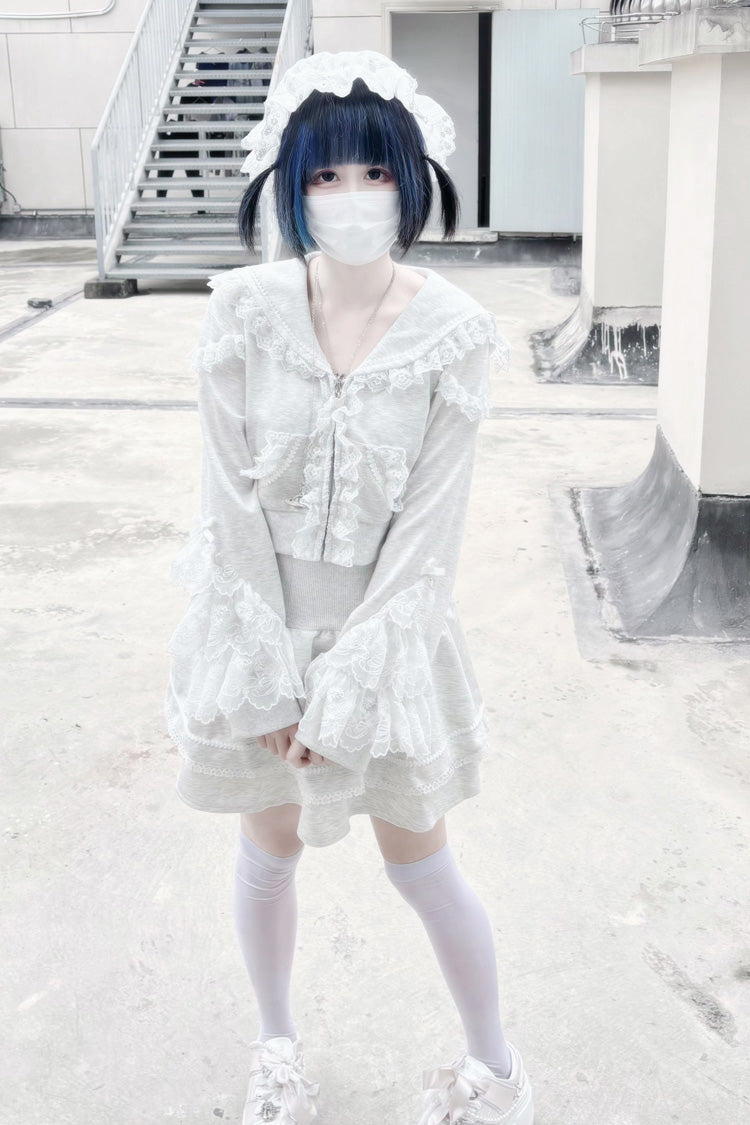 Grey [Heartbeat Rhythm] Long Sleeves Ruffle Lace Hooded Jirai Kei Japanese Skirt Set - Product - 2