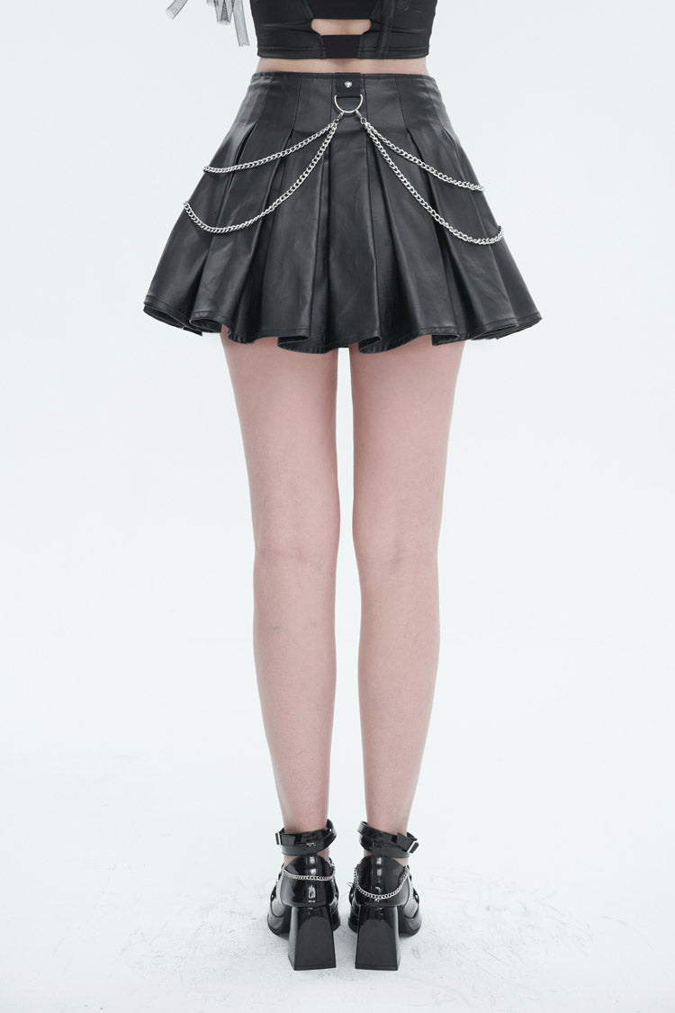 Black Faux Leather Web Eyelet Adjustable String Chain Pleated Women's Gothic Skirt - Product - 3