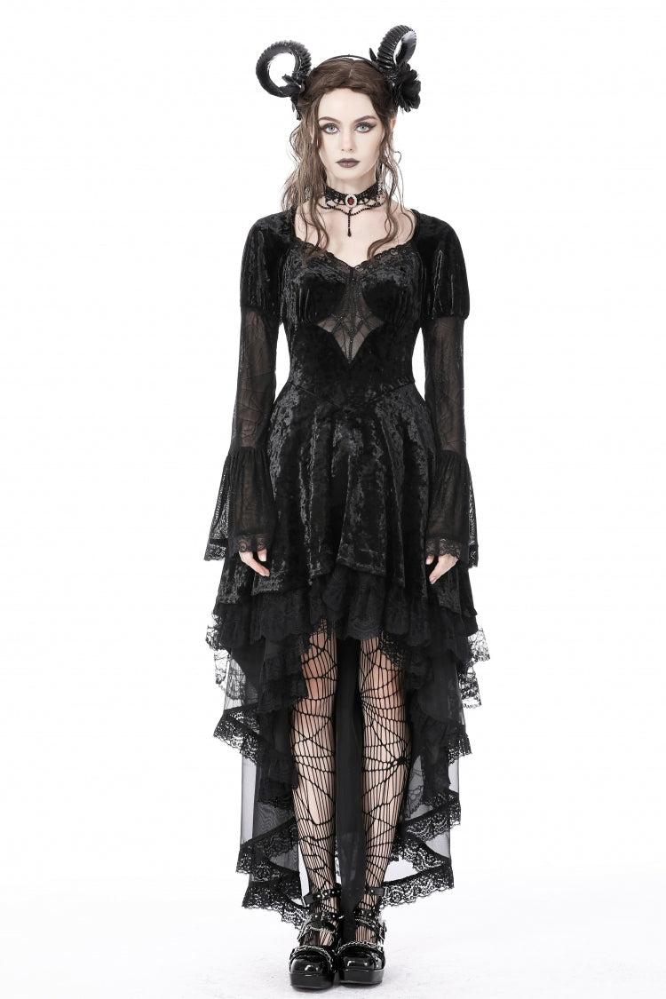 Black Long Puff Sleeves High Low Irregular Multi-Layered Lace Women's Gothic Velvet Dress - Product - 5