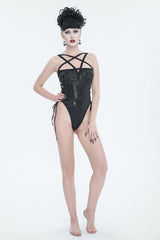 Black Pentagram Print Side Cutout Strap Women's Gothic One Piece Swimsuit - Product - 2