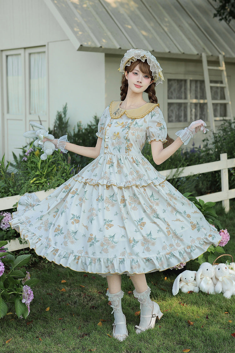[Breezy Summer Blossoms] Peter Pan Collar Short Sleeves Jacquard Printed Ruffled Embroidered Bow Sweet Lolita Dress 2 Colors (Yellow, Purple) - Product - 14