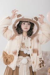 Ivory [Mocha Bear] Print Bowknot Hooded Sweet Lolita Coat - Ivory - 1
