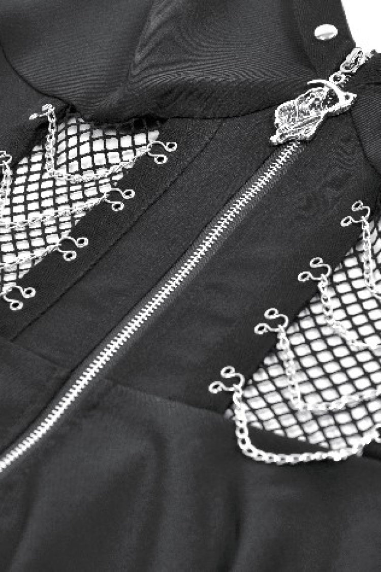 Black Sleeveless Mesh Spliced Studded Zipper Women's Punk Slip Dress - Product - 14