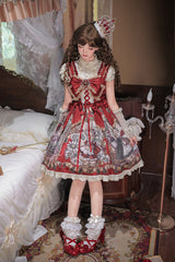 Red [Mystery Bunny] Sleeveless Jacquard Printed Ruffled Bow Lace Classic Lolita Jsk Dress Set - Product - 14