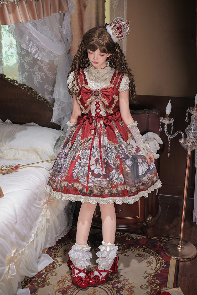 Red [Mystery Bunny] Sleeveless Jacquard Printed Ruffled Bow Lace Classic Lolita Jsk Dress Set - Product - 14
