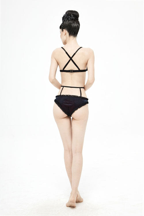 Black Red Velvet Chest Lace Up Gothic Swimsuit Suit - Product - 6