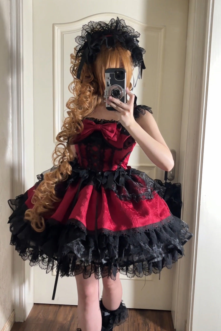 Red [Fleishi Island] Sleeveless Ruffle Bowknot Lace Slim Sweet Ballet Lolita Jsk Dress - Red - 1