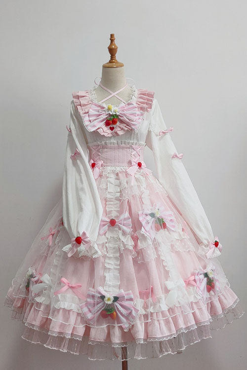 Pink Strawberry Bowknot Round Collar Long Sleeves Multi-Layer Ruffled Sweet Lolita OP Dress - Product - 2