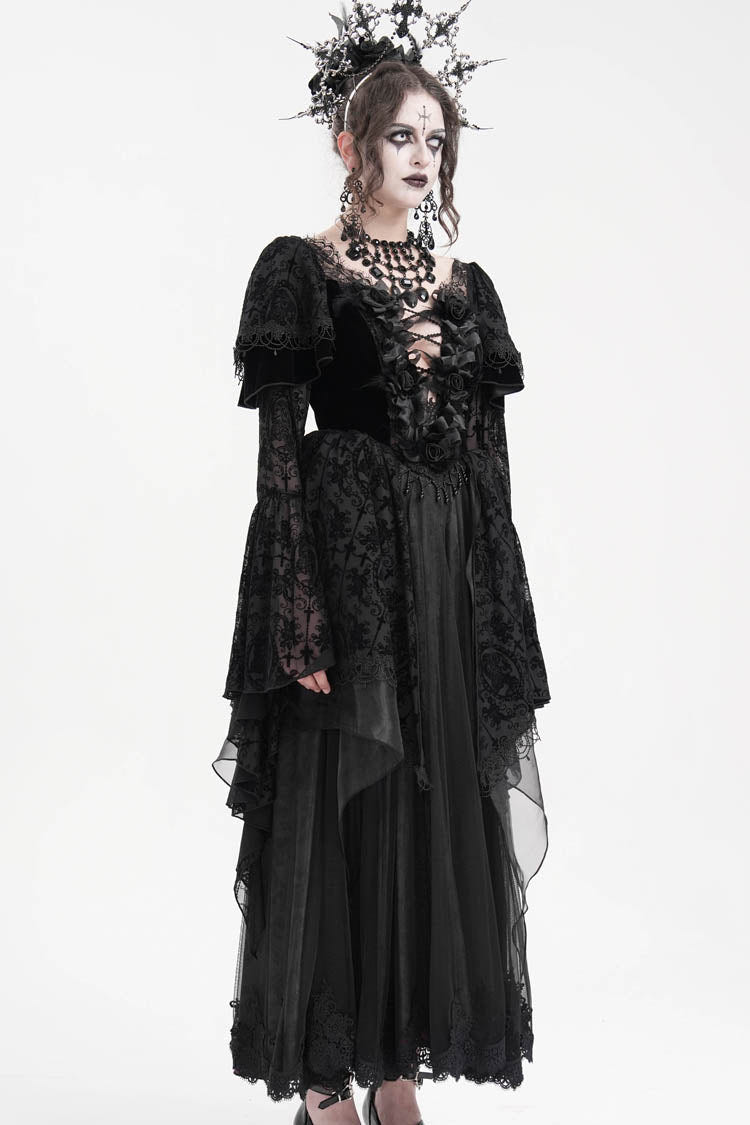 Black Crochet Long Sleeves Hanayome Lace Women's Gothic Dress - Product - 7