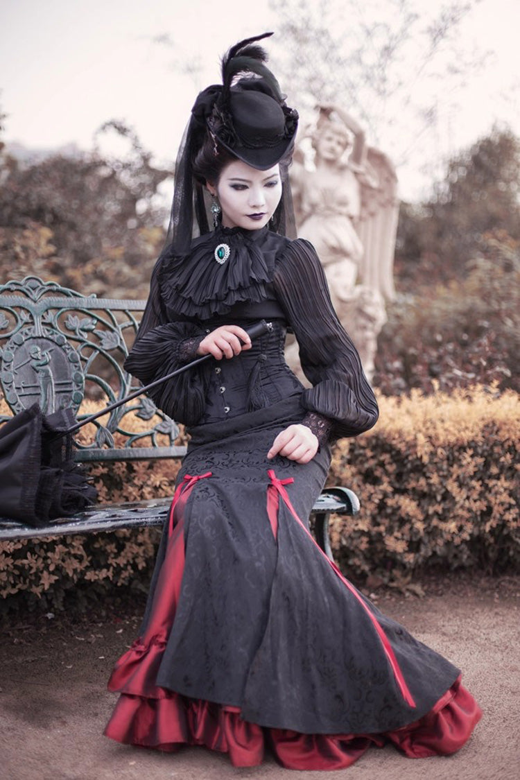 Black/Red [Lorelei] Double-Layered Print Ruffle Gothic Elegant Lolita Jacquard Mermaid Maxi Skirt - Product - 4