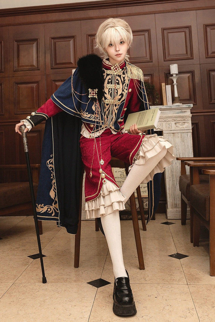 Red/Blue [Royal Glory] Stand Collar Long Sleeves Ruffled Embroidered Gothic Vintage Prince Palace Ouji Lolita Set - Product - 4