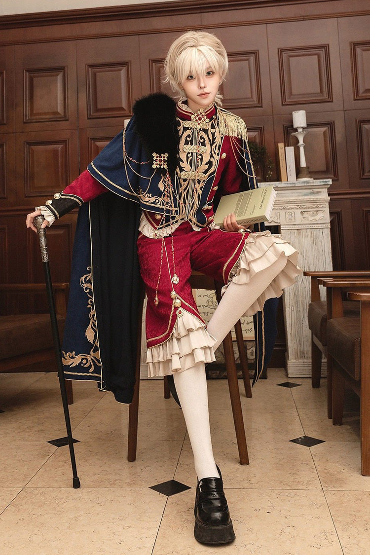 Red/Blue [Royal Glory] Stand Collar Long Sleeves Ruffled Embroidered Gothic Vintage Prince Palace Ouji Lolita Set - Product - 4