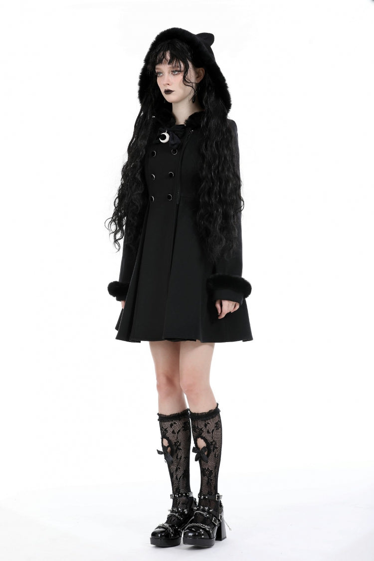 Black Long Sleeves Crescent Moon Bow Spliced Double-breasted Women's Gothic Coat with Cat Ear Hood - Product - 2