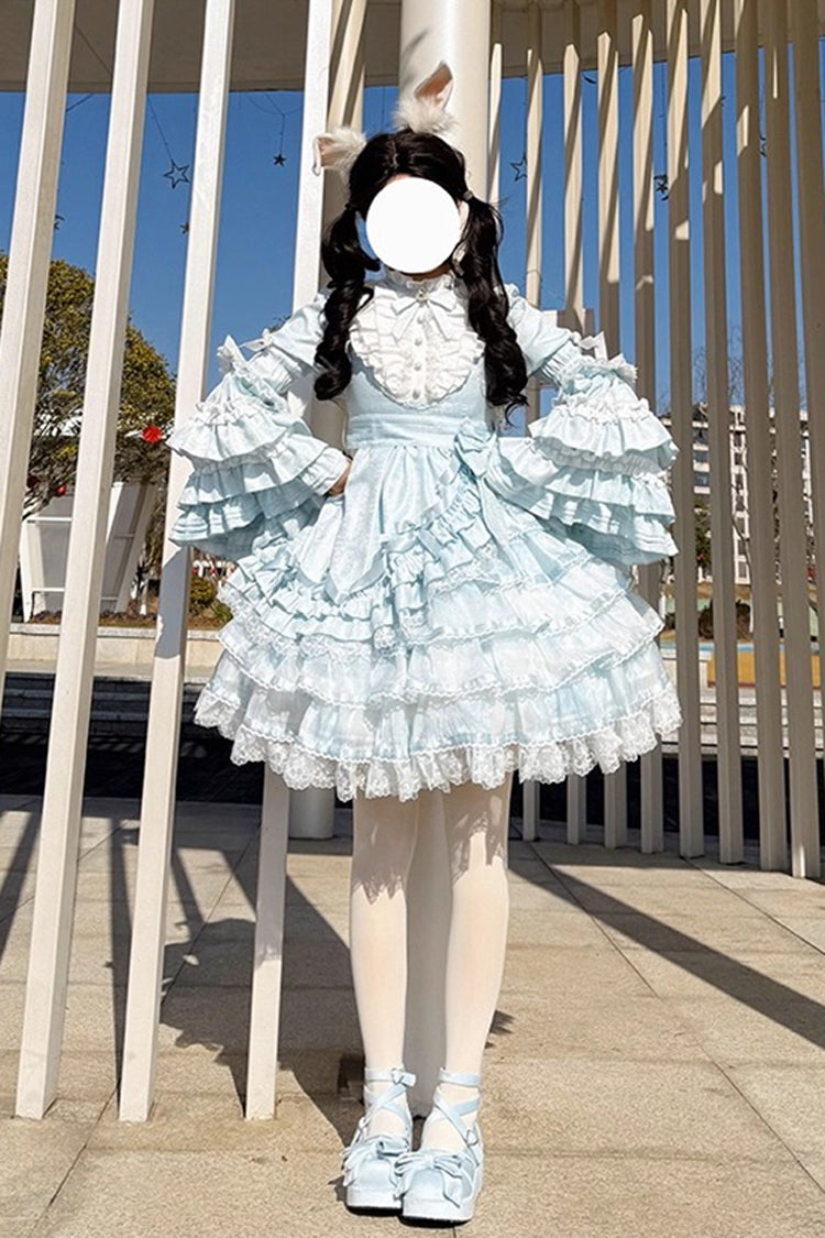 Blue [The Soloist Doll] Long Hime Sleeves Multi-Layered Print Ruffle Bowknot Asymmetric Sweet Lolita Dress - Product - 11