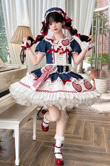 White/Blue/Red [Peach Heart Lilith] Ruffle Bowknot Lace Lace-Up Sweet Lolita Skirt Set - White/Blue/Red - 1