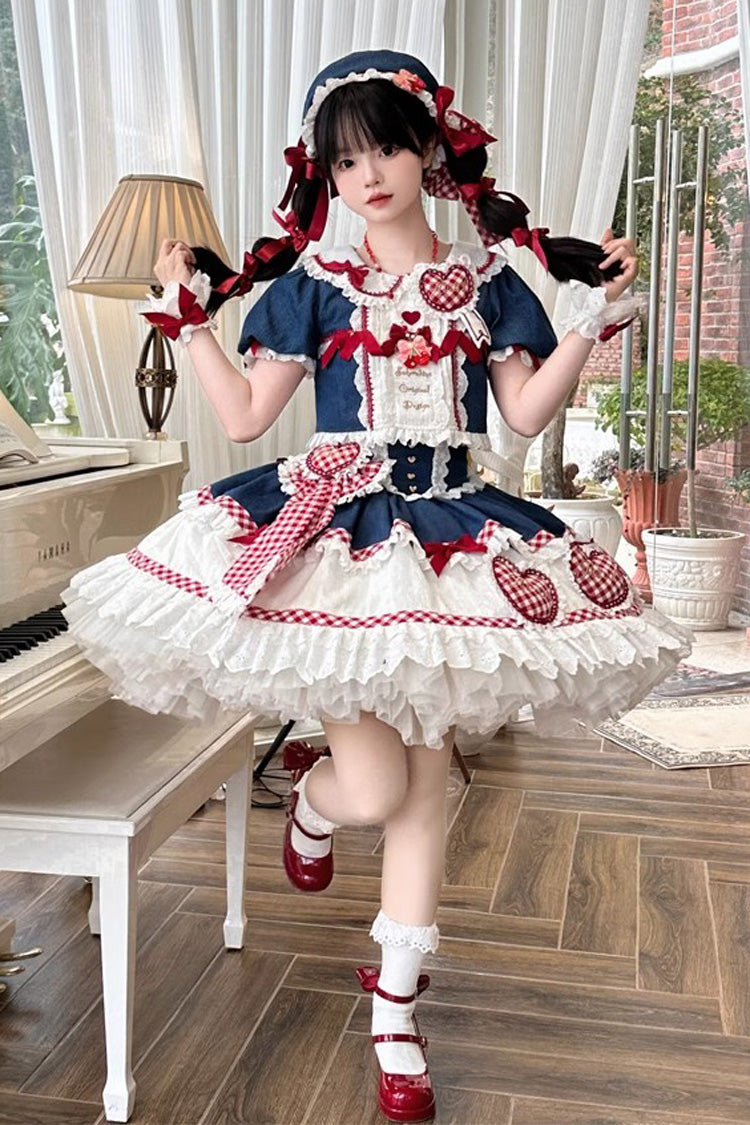 White/Blue/Red [Peach Heart Lilith] Ruffle Bowknot Lace Lace-Up Sweet Lolita Skirt Set - White/Blue/Red - 1