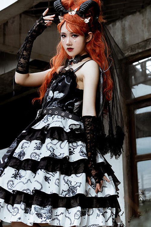 Black/White Vampire Diaries Cross Print Contrast Stitching Multi-Layer Ruffled Gothic Lolita Jsk Dress - Product - 3